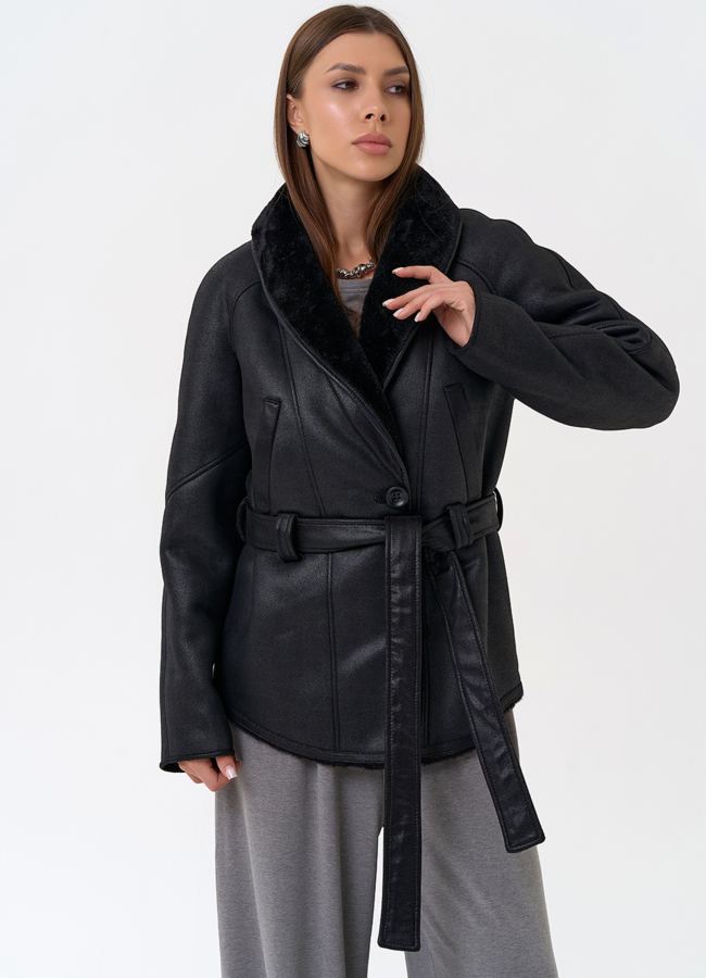 Женская дубленка из эко замши в стиле ретро модель № 31413 в рассрочку