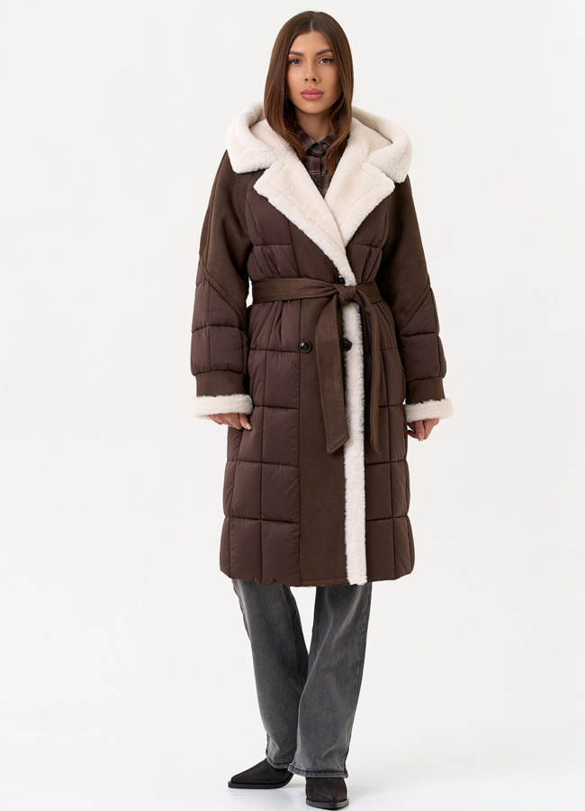 Комбинированный пуховик из эко кожи модель № 31692 меха малина