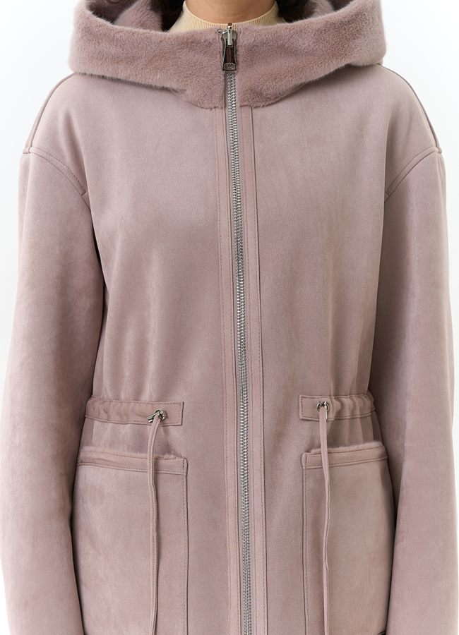 Двухсторонняя дубленка из эко замши с капюшоном модель № 32695 универмаг малина