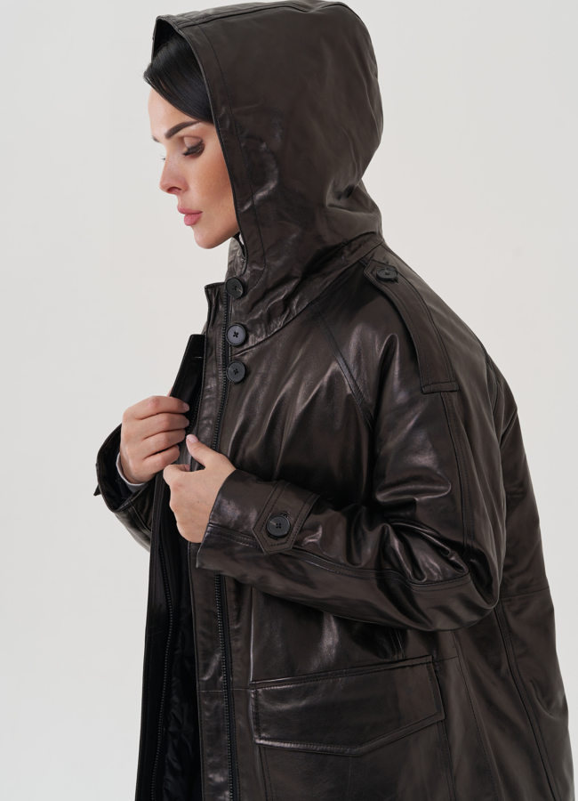 Куртка из натуральной кожи черного цвета с поясом модель № 25363 универмаг малина