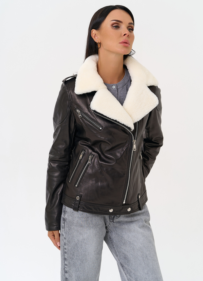 Утепленная кожаная куртка с мехом модель № 75330 универмаг малина