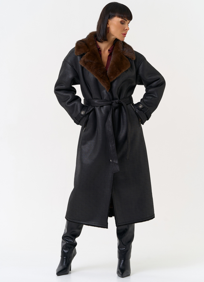 Женская дубленка из эко замши с английским воротником модель № 31507 универмаг малина