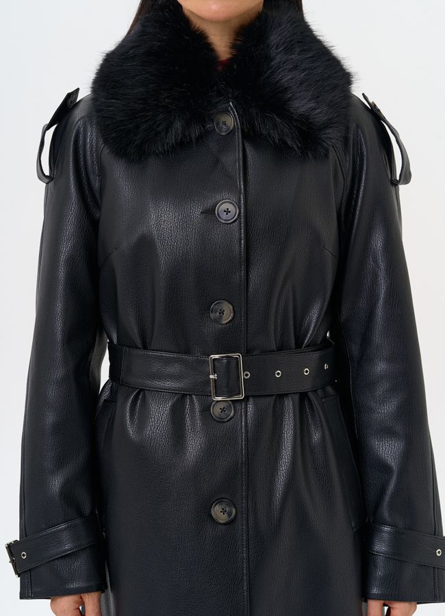 Женское утепленное пальто из экокожи с воротником из эко меха модель № 30705 универмаг малина