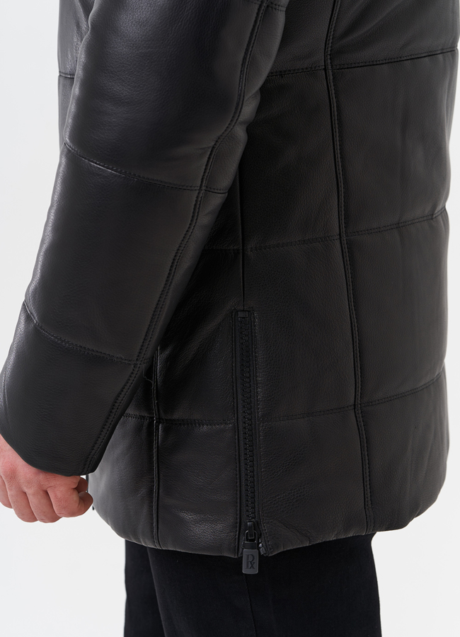 Пуховик из натуральной кожи с отделкой из меха енота модель № 25458 универмаг малина