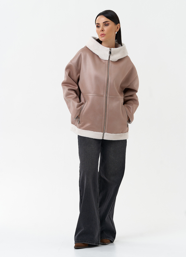 Женская дубленка из эко замши с капюшоном модель № 30209 универмаг малина