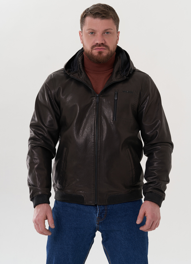 Куртка черного цвета из натуральной кожи модель № 26704 меха малина