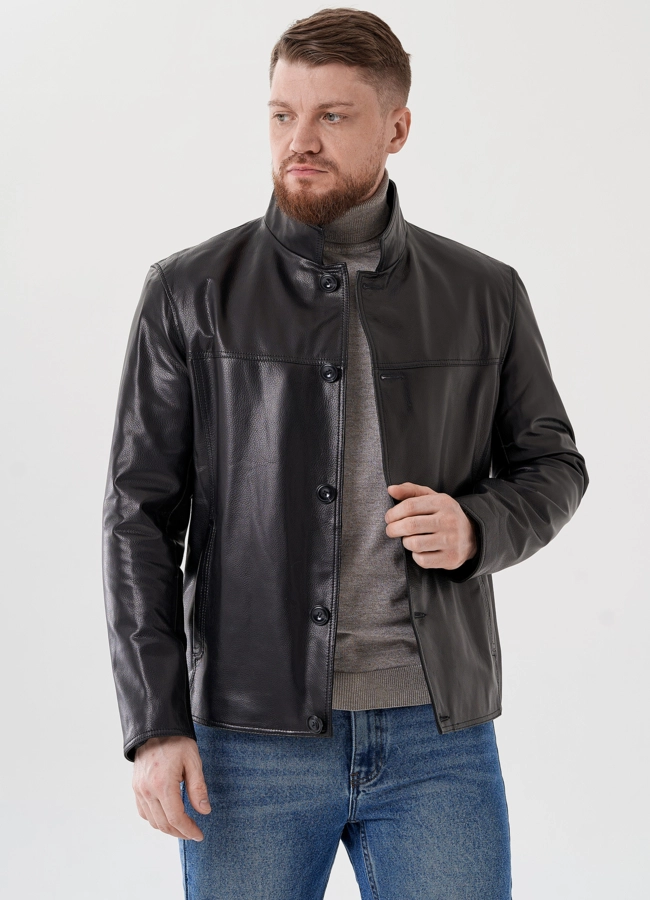 фото Мужская кожаная куртка черного цвета  модель № 24461