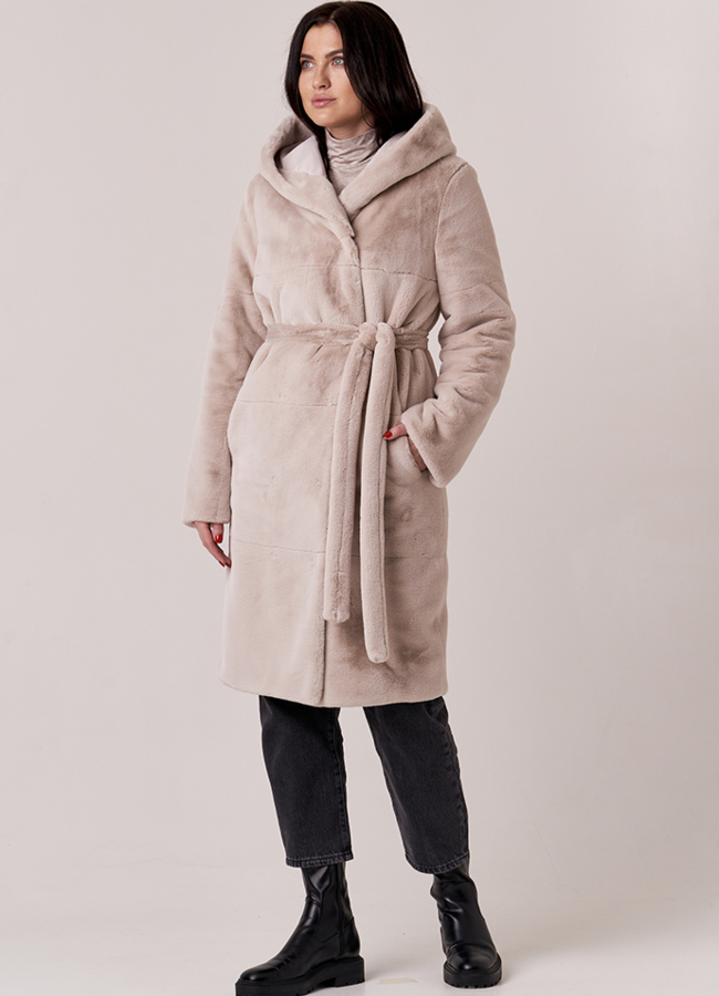 Двусторонняя шуба с капюшоном модель № 1133 универмаг малина