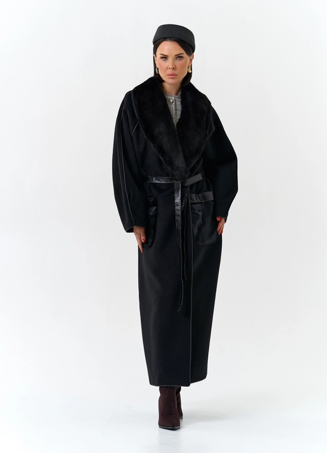 Женское длинное пальто с воротником из меха норки модель № 32648 в кредит
