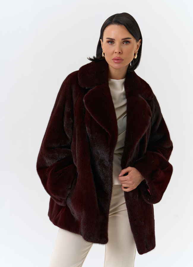 Женская шуба из скандинавской норки с английским воротником модель № 32047 меха малина