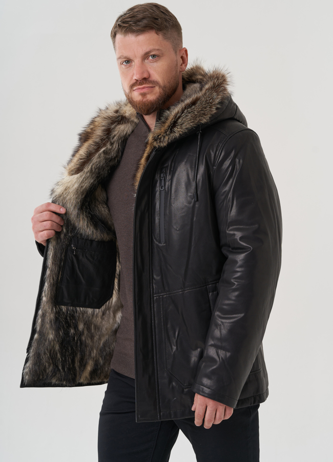 Мужская куртка с капюшоном на мехе из волка модель № 25614 в рассрочку