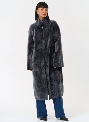 Женская двухсторонняя дубленка с воротником стойкой