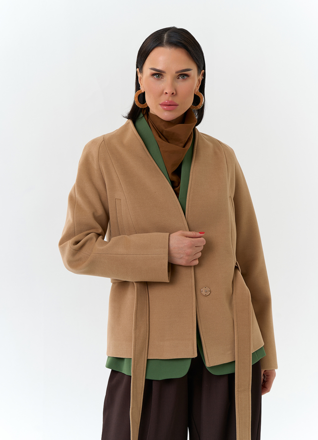 Женское укороченное пальто с поясом модель № 32687 универмаг малина