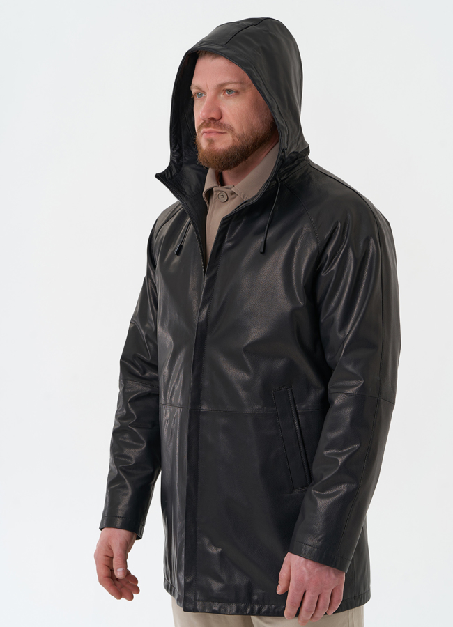 Мужская парка из натуральной кожи с капюшоном модель № 30071 в рассрочку