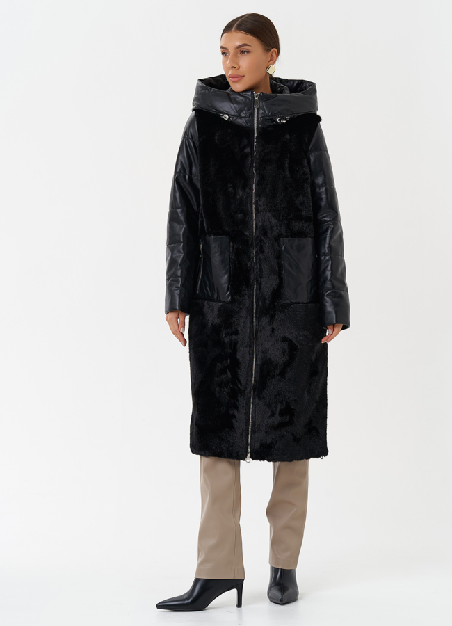 Пуховик из эко кожи с капюшоном модель № 23366 в рассрочку