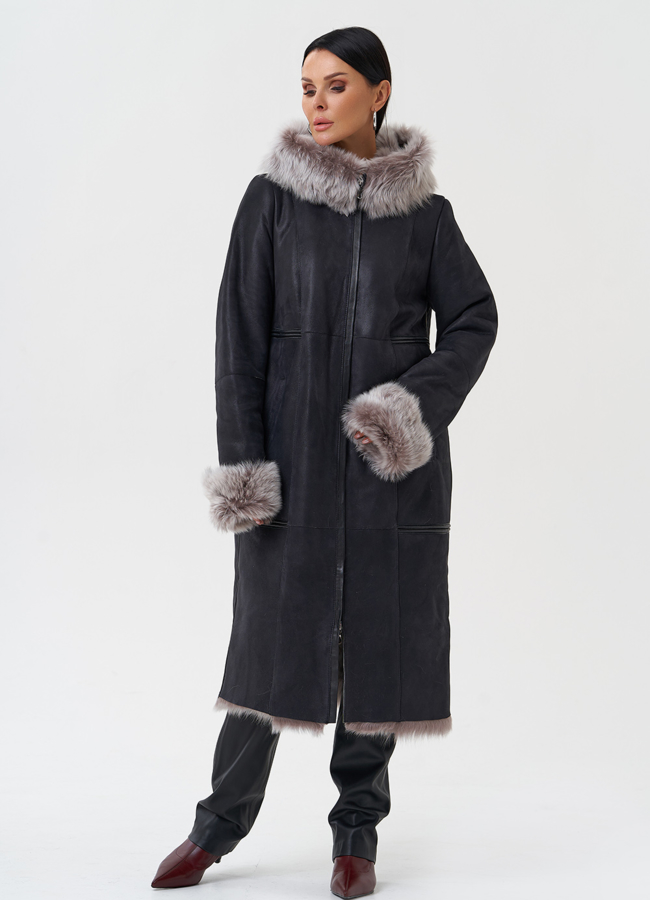 Дубленка с отделкой из тосканы с капюшоном модель № 28699 меха малина