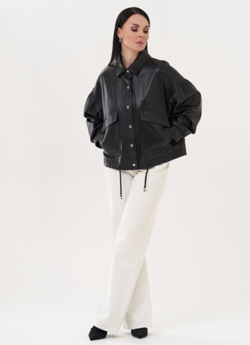 Кожаная куртка "бомбер" с кулиской по низу
