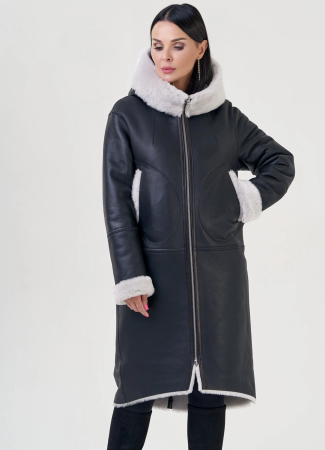 Двухсторонняя женская дубленка с капюшоном модель № 23192 в кредит