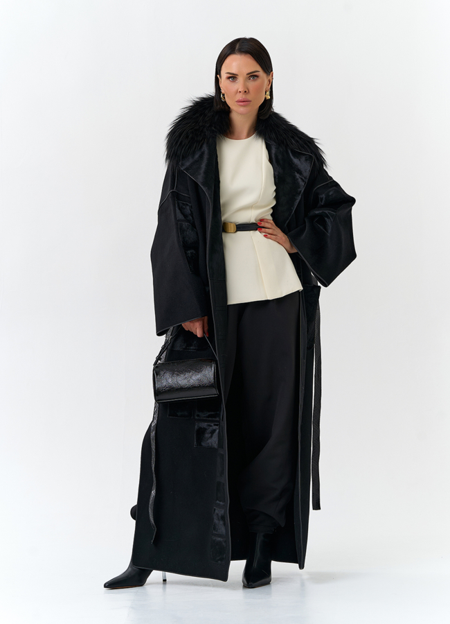 Женское длинное пальто с отделкой из меха лисы модель № 32649 универмаг малина