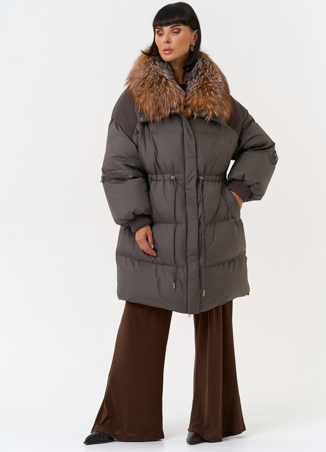 Женский пуховик с отделкой из меха лисы модель №  31537 универмаг малина