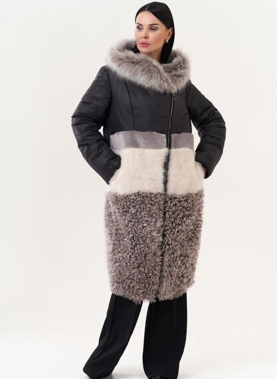 Комбинированный пуховик с овчиной