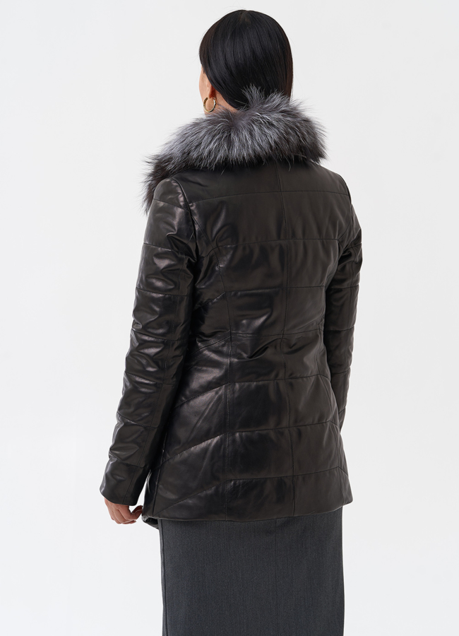 Кожаный пуховик с мехом из чернобурки модель № 29406 в кредит