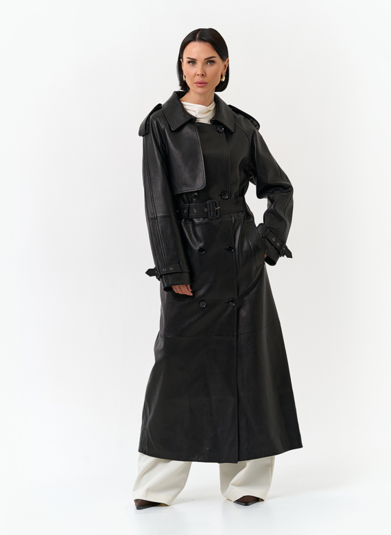 Женский длинный плащ из натуральной кожи