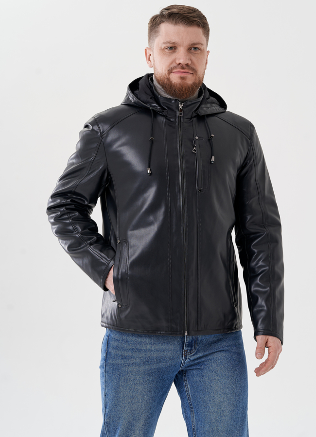 фото Мужская куртка из эко кожи с капюшоном  модель № 24463