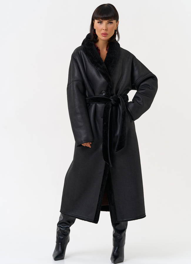 Женская двухсторонняя дубленка из эко замши с воротником шаль модель № 31506 универмаг малина