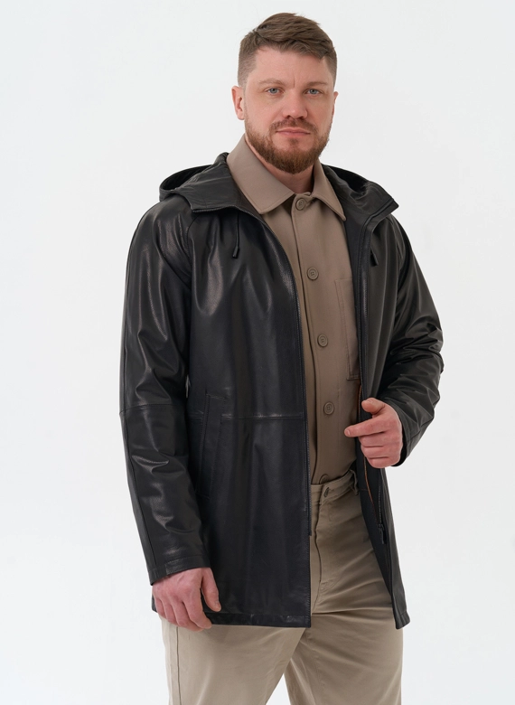 Мужская парка из натуральной кожи с капюшоном