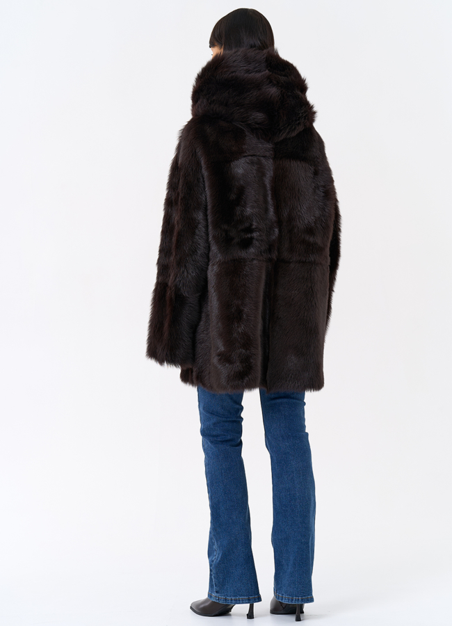 Женская двухсторонняя дубленка с капюшоном модель № 31851 в рассрочку