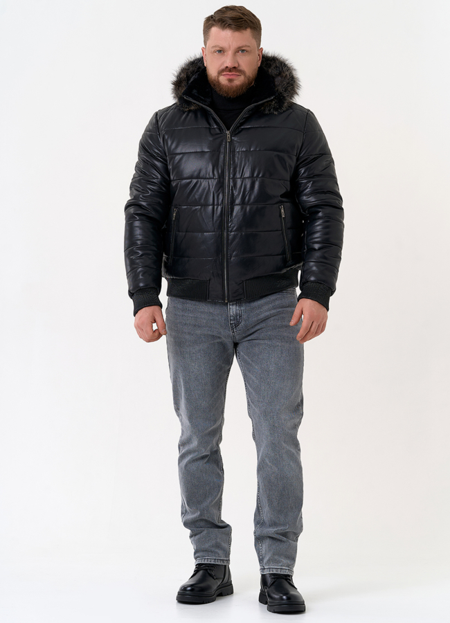 фото Пуховик из эко кожи черного цвета  модель № 31724
